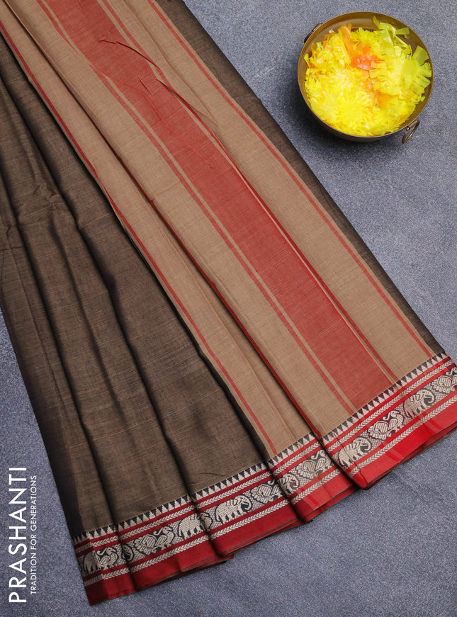 Narayanpet cotton saree chikku shade and maroon with plain body and thread woven border