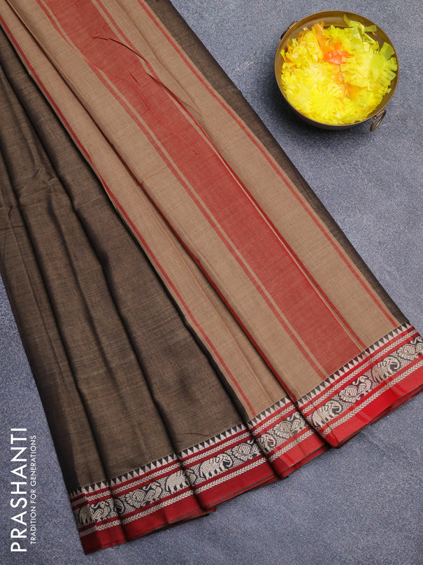 Narayanpet cotton saree chikku shade and maroon with plain body and thread woven border