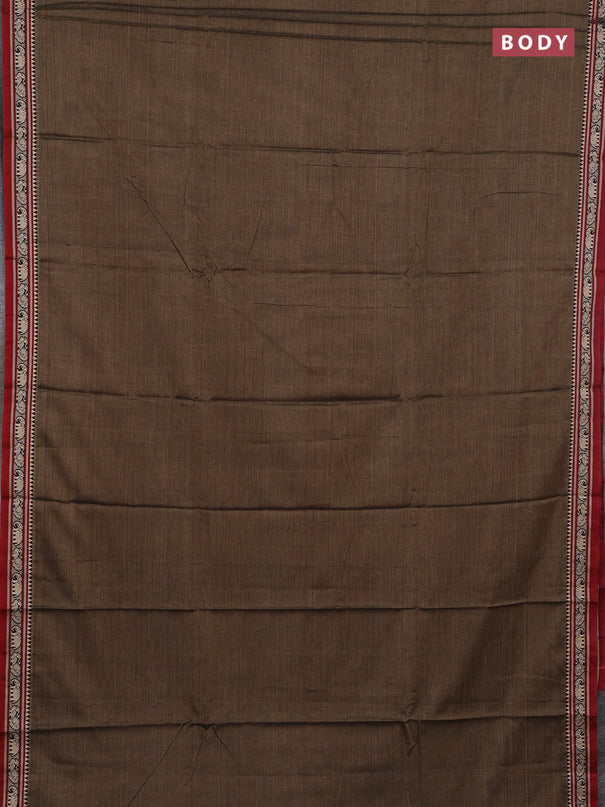 Narayanpet cotton saree chikku shade and maroon with plain body and thread woven border