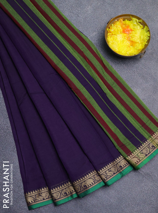 Narayanpet cotton saree violet and green with plain body and thread woven border