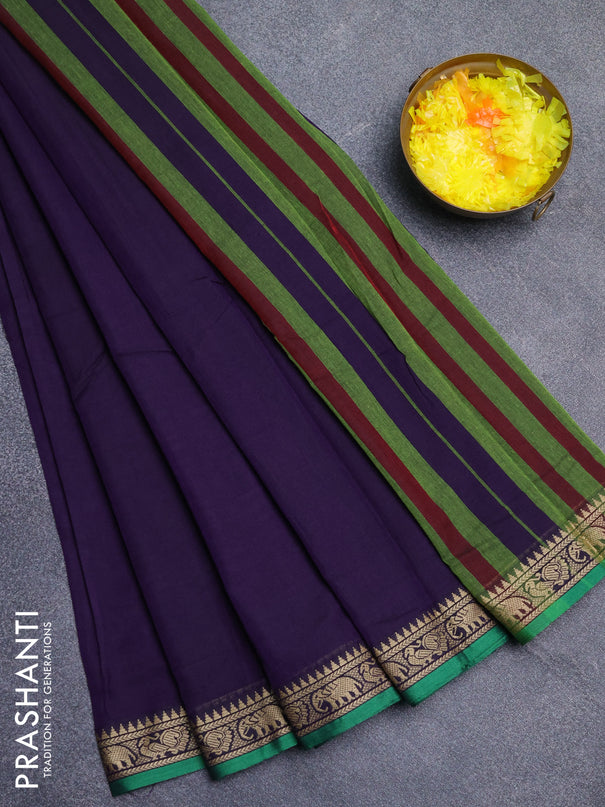 Narayanpet cotton saree violet and green with plain body and thread woven border