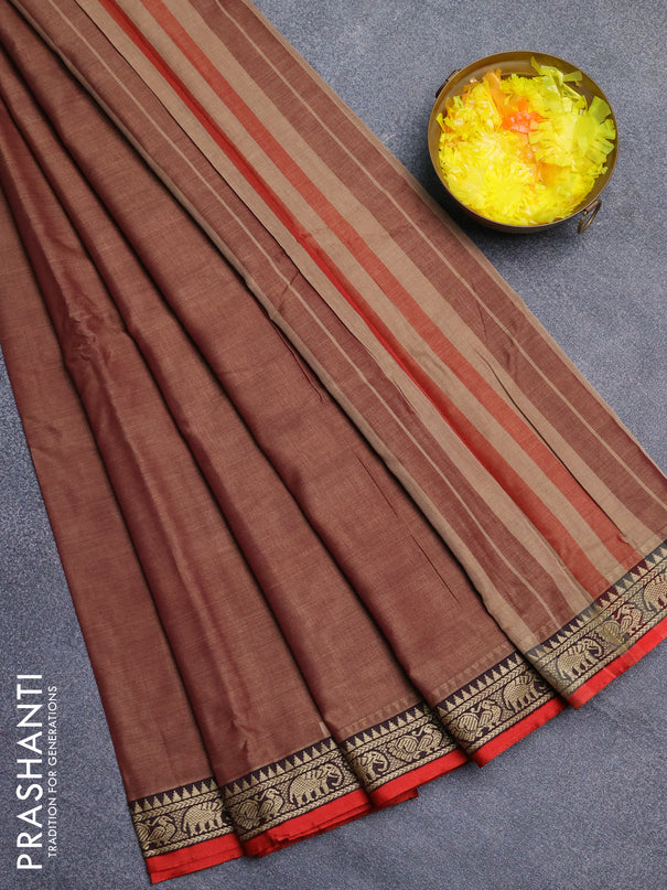 Narayanpet cotton saree rustic orange and maroon with plain body and thread woven border