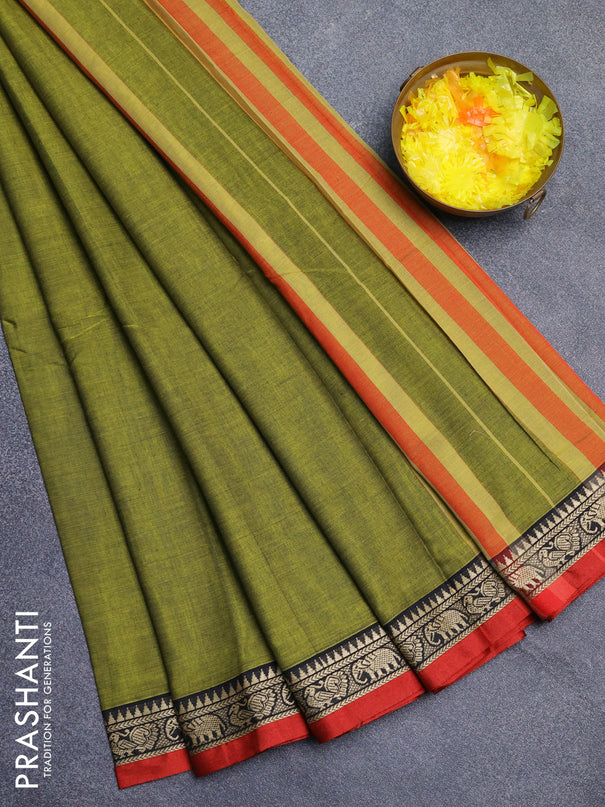 Narayanpet cotton saree light green and maroon with plain body and thread woven border