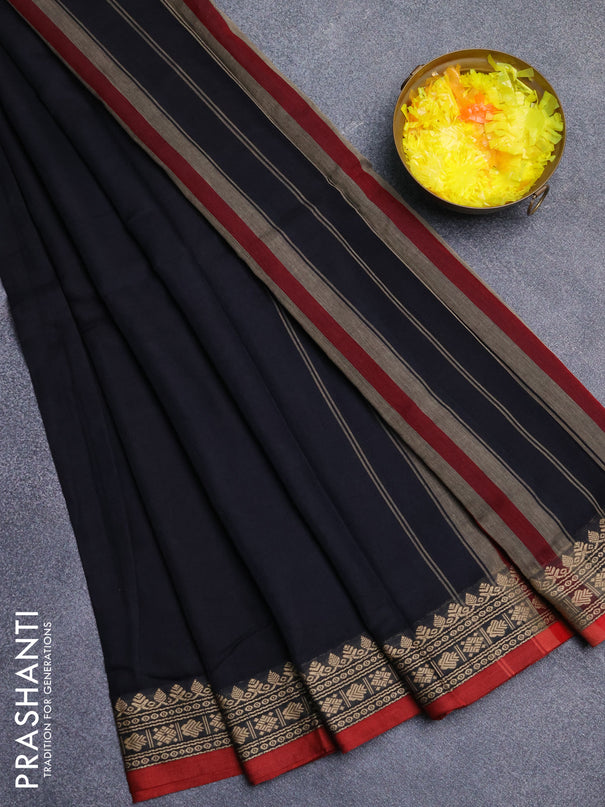 Narayanpet cotton saree black and maroon with plain body and thread woven border