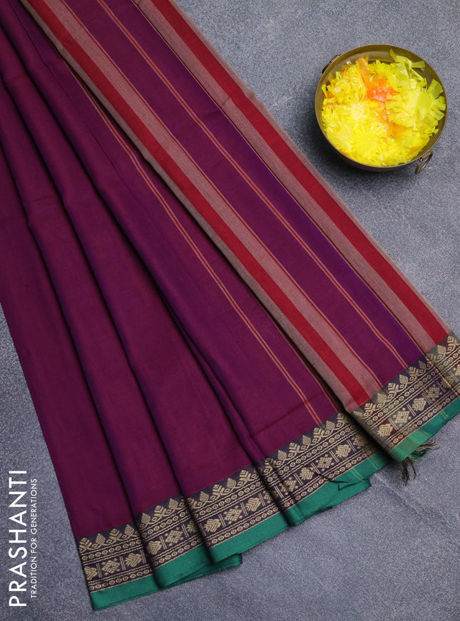 Narayanpet cotton saree purple and green with plain body and thread woven border