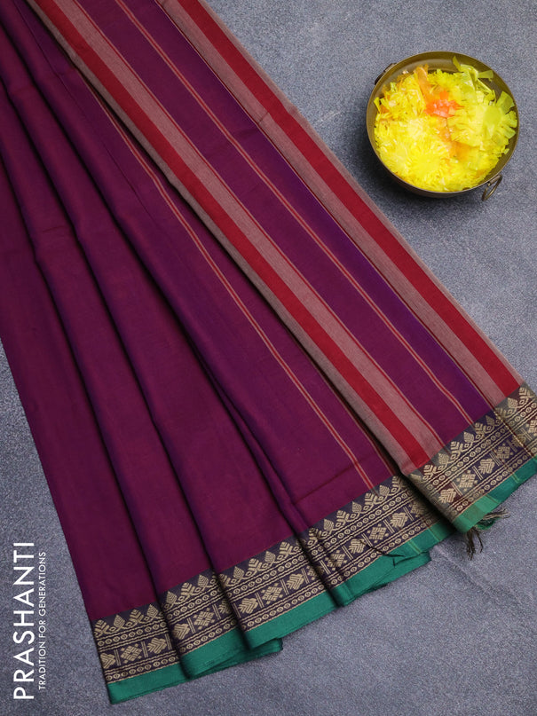 Narayanpet cotton saree purple and green with plain body and thread woven border