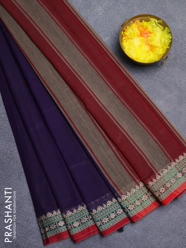 Narayanpet cotton saree violet and maroon with plain body and thread woven border