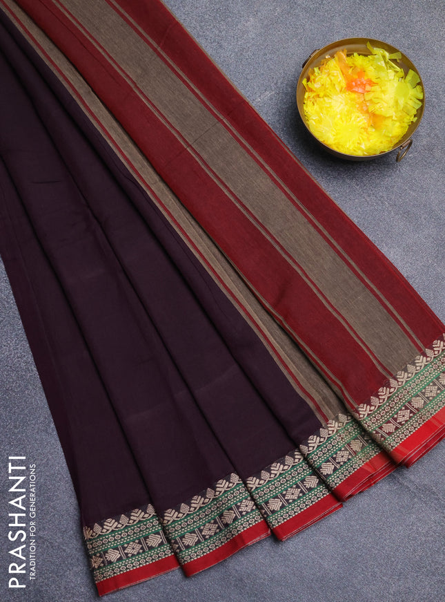 Narayanpet cotton saree deep wine shade and maroon with plain body and thread woven border