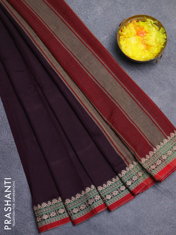 Narayanpet cotton saree deep wine shade and maroon with plain body and thread woven border