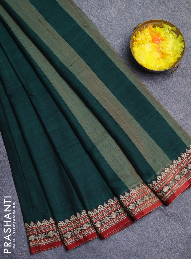 Narayanpet cotton saree green and maroon with plain body and thread woven border