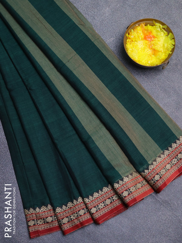 Narayanpet cotton saree green and maroon with plain body and thread woven border