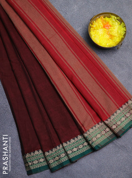 Narayanpet cotton saree deep maroon and green with plain body and thread woven border