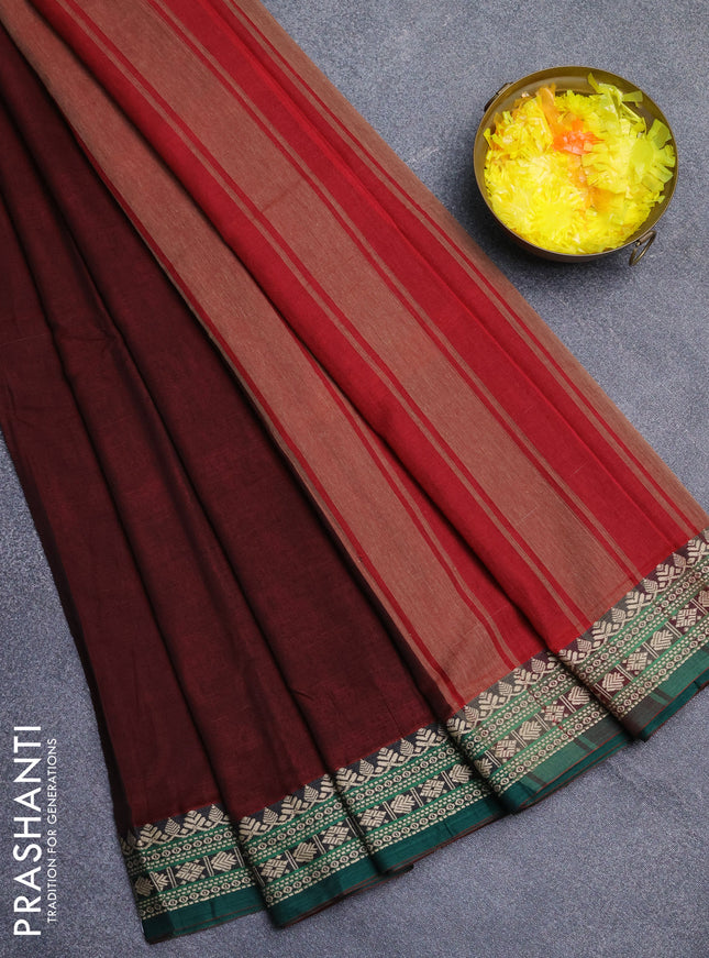 Narayanpet cotton saree deep maroon and green with plain body and thread woven border