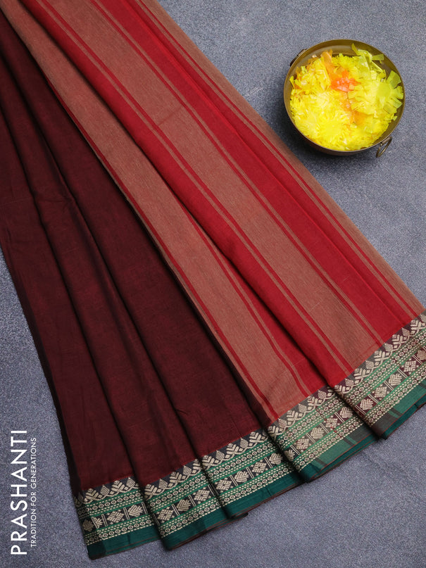 Narayanpet cotton saree deep maroon and green with plain body and thread woven border