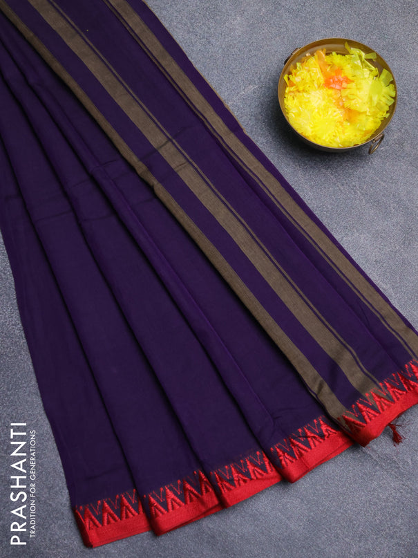 Narayanpet cotton saree violet and red with plain body and thread woven border