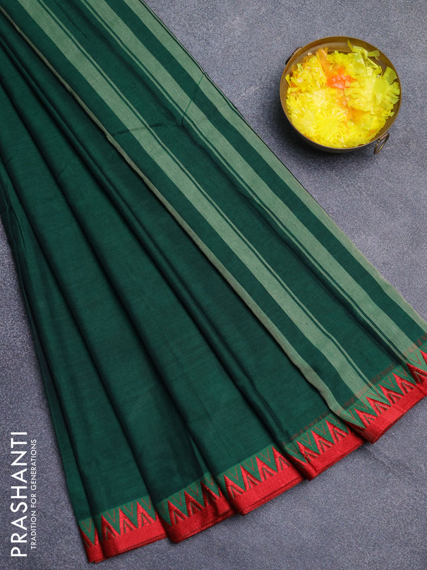 Narayanpet cotton saree green and red with plain body and thread woven border
