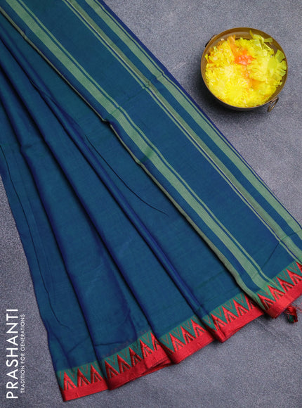 Narayanpet cotton saree dual shade of greenish blue and red with plain body and thread woven border