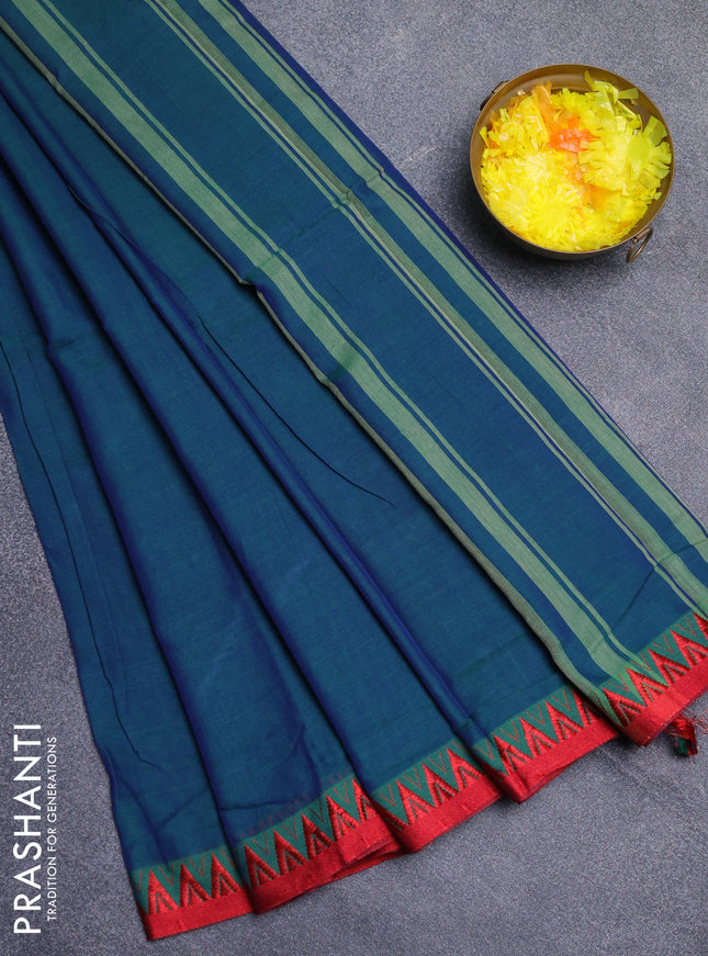 Narayanpet cotton saree dual shade of greenish blue and red with plain body and thread woven border