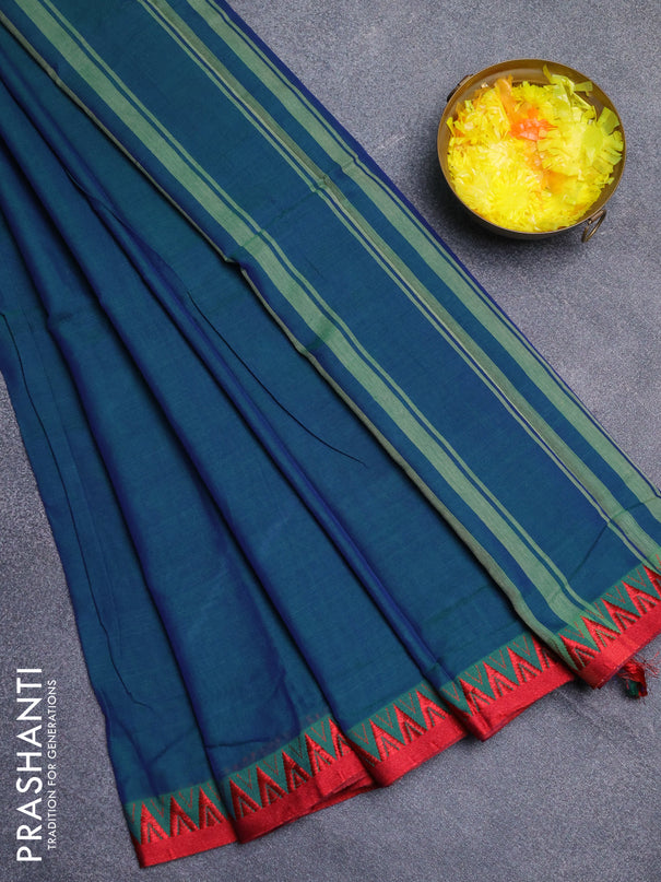 Narayanpet cotton saree dual shade of greenish blue and red with plain body and thread woven border