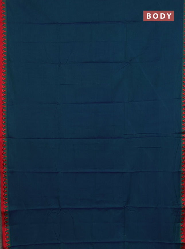 Narayanpet cotton saree dual shade of greenish blue and red with plain body and thread woven border