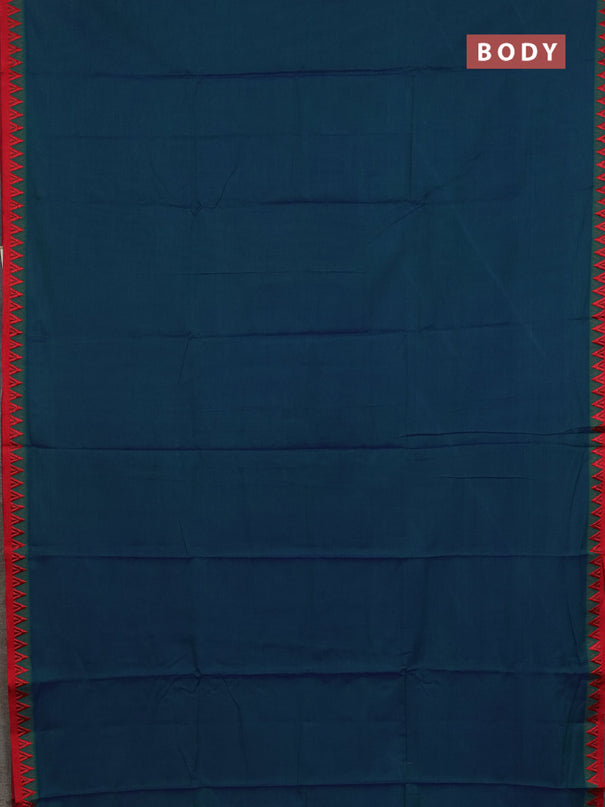 Narayanpet cotton saree dual shade of greenish blue and red with plain body and thread woven border