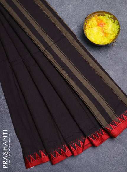 Narayanpet cotton saree coffee brown and red with plain body and thread woven border