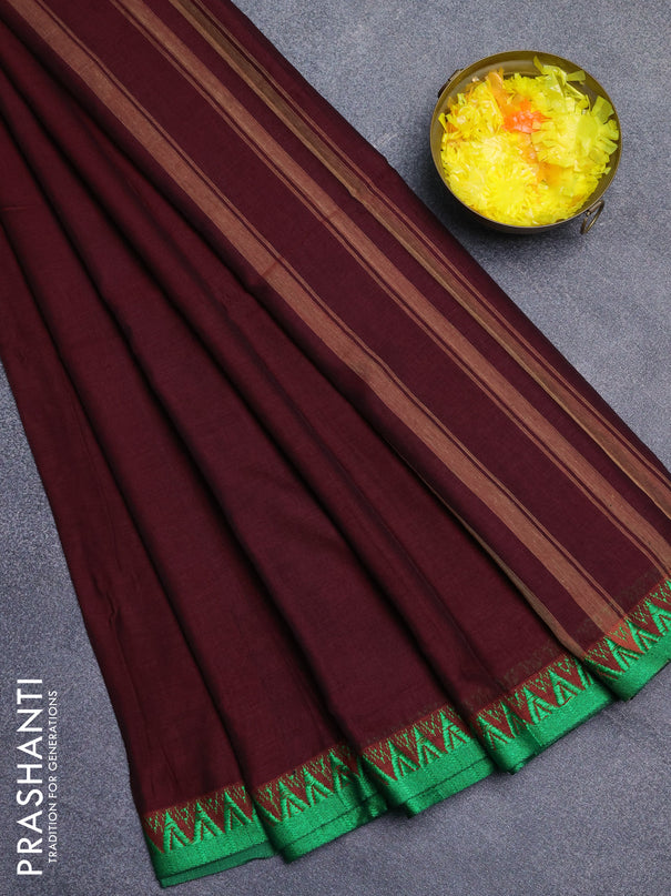 Narayanpet cotton saree maroon and green with plain body and thread woven border