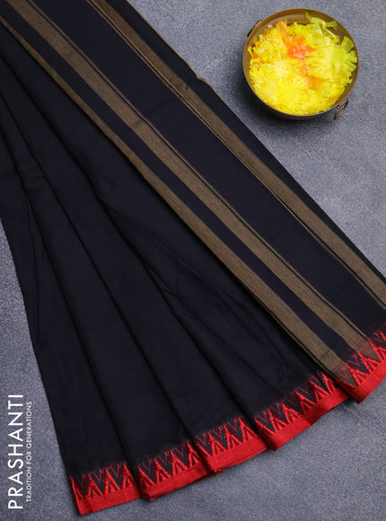 Narayanpet cotton saree black and red with plain body and thread woven border