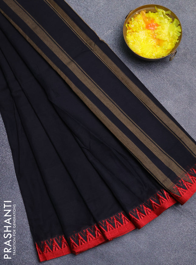 Narayanpet cotton saree black and red with plain body and thread woven border