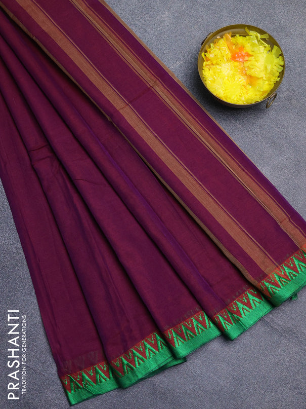 Narayanpet cotton saree purple and green with plain body and thread woven border