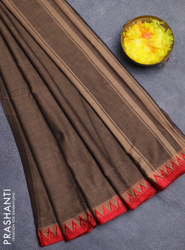 Narayanpet cotton saree chikku shade and red with plain body and thread woven border
