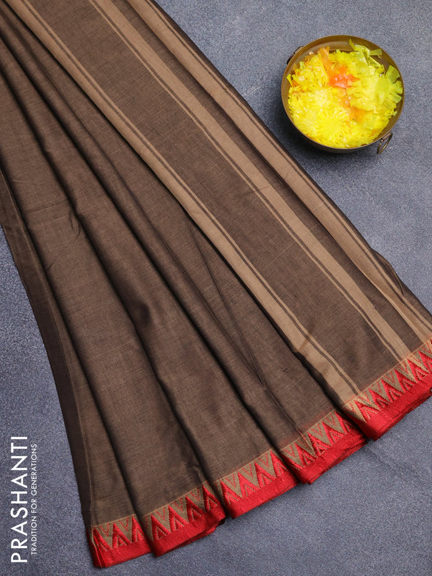 Narayanpet cotton saree chikku shade and red with plain body and thread woven border