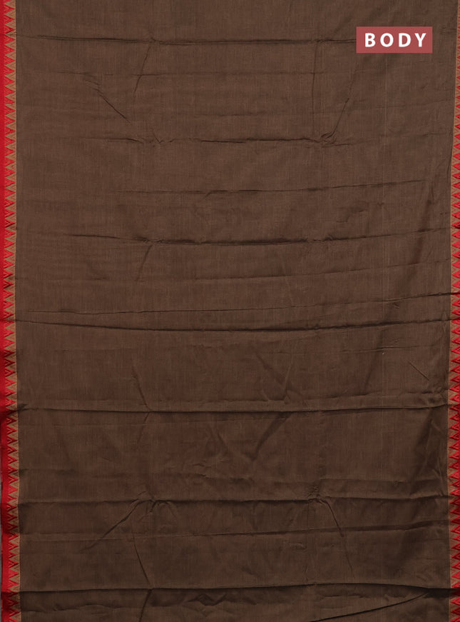 Narayanpet cotton saree chikku shade and red with plain body and thread woven border