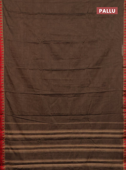 Narayanpet cotton saree chikku shade and red with plain body and thread woven border