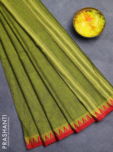 Narayanpet cotton saree light green and red with plain body and thread woven border
