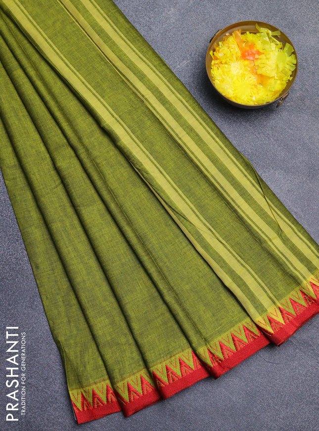 Narayanpet cotton saree light green and red with plain body and thread woven border