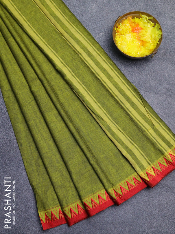 Narayanpet cotton saree light green and red with plain body and thread woven border