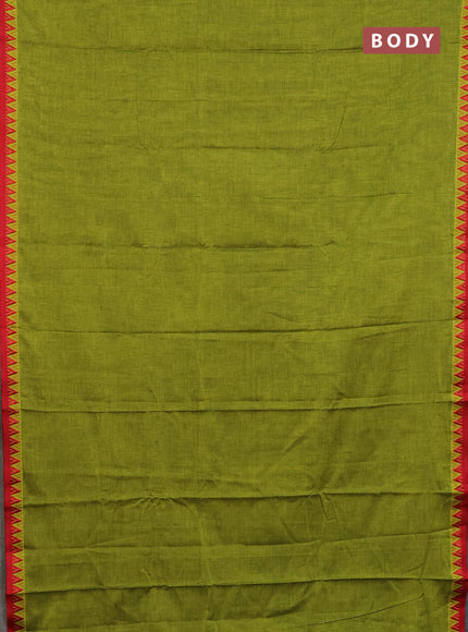 Narayanpet cotton saree light green and red with plain body and thread woven border