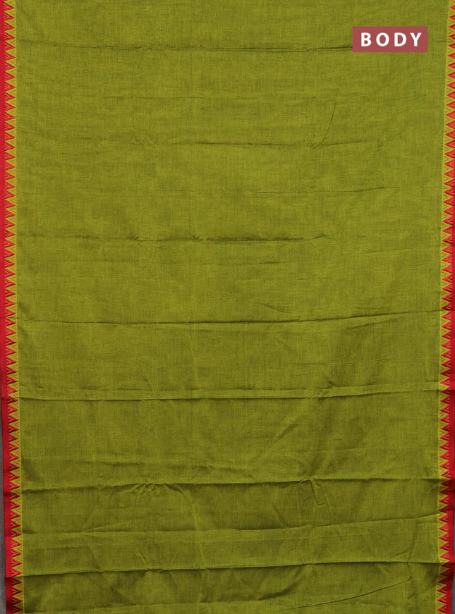 Narayanpet cotton saree light green and red with plain body and thread woven border