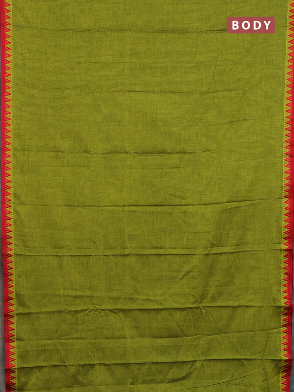 Narayanpet cotton saree light green and red with plain body and thread woven border