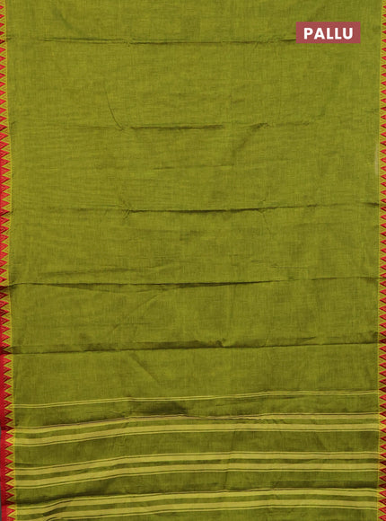 Narayanpet cotton saree light green and red with plain body and thread woven border