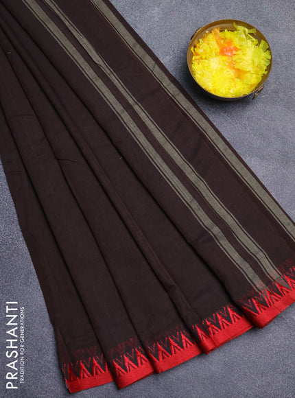 Narayanpet cotton saree coffee brown and red with plain body and thread woven border