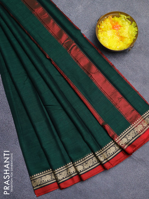 Narayanpet cotton saree green and red with plain body and thread woven border