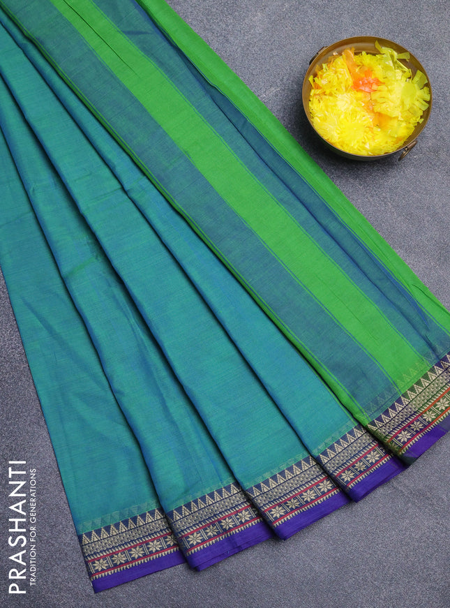 Narayanpet cotton saree dual shade of bluish green and blue with plain body and thread woven border