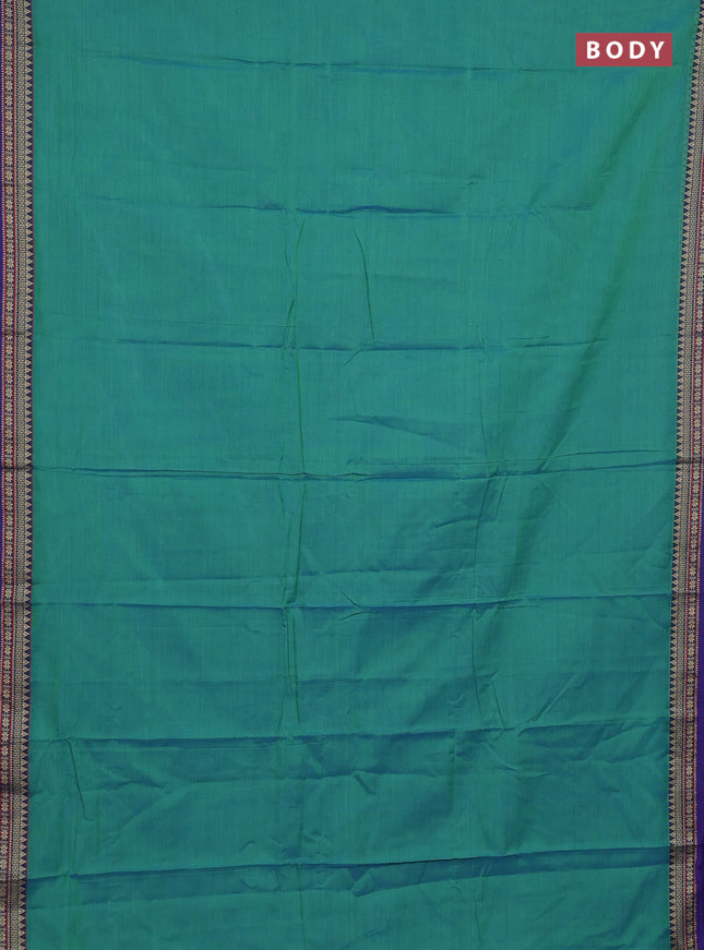 Narayanpet cotton saree dual shade of bluish green and blue with plain body and thread woven border