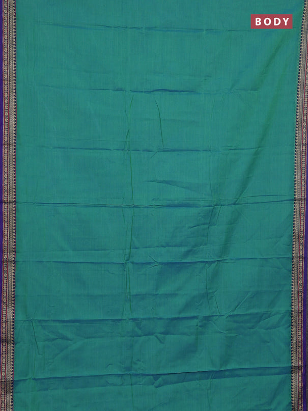 Narayanpet cotton saree dual shade of bluish green and blue with plain body and thread woven border