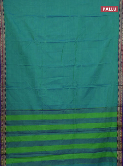 Narayanpet cotton saree dual shade of bluish green and blue with plain body and thread woven border