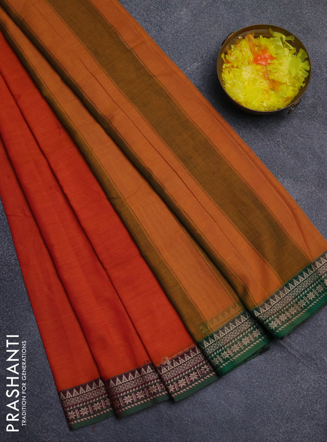 Narayanpet cotton saree orange and green with plain body and thread woven border