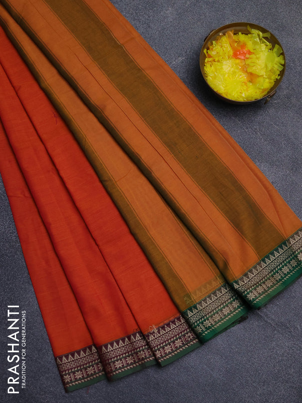 Narayanpet cotton saree orange and green with plain body and thread woven border
