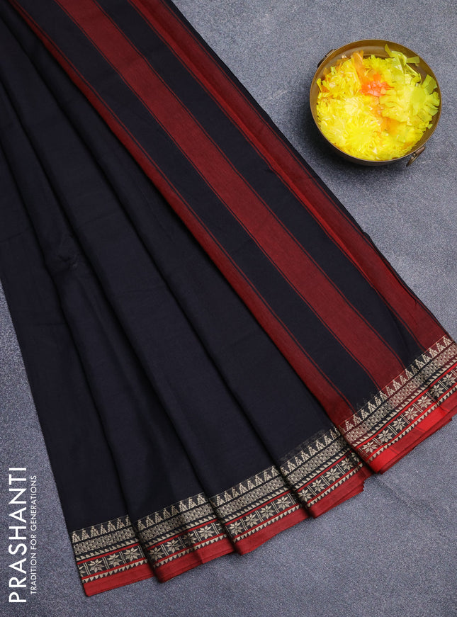 Narayanpet cotton saree black and maroon with plain body and thread woven border